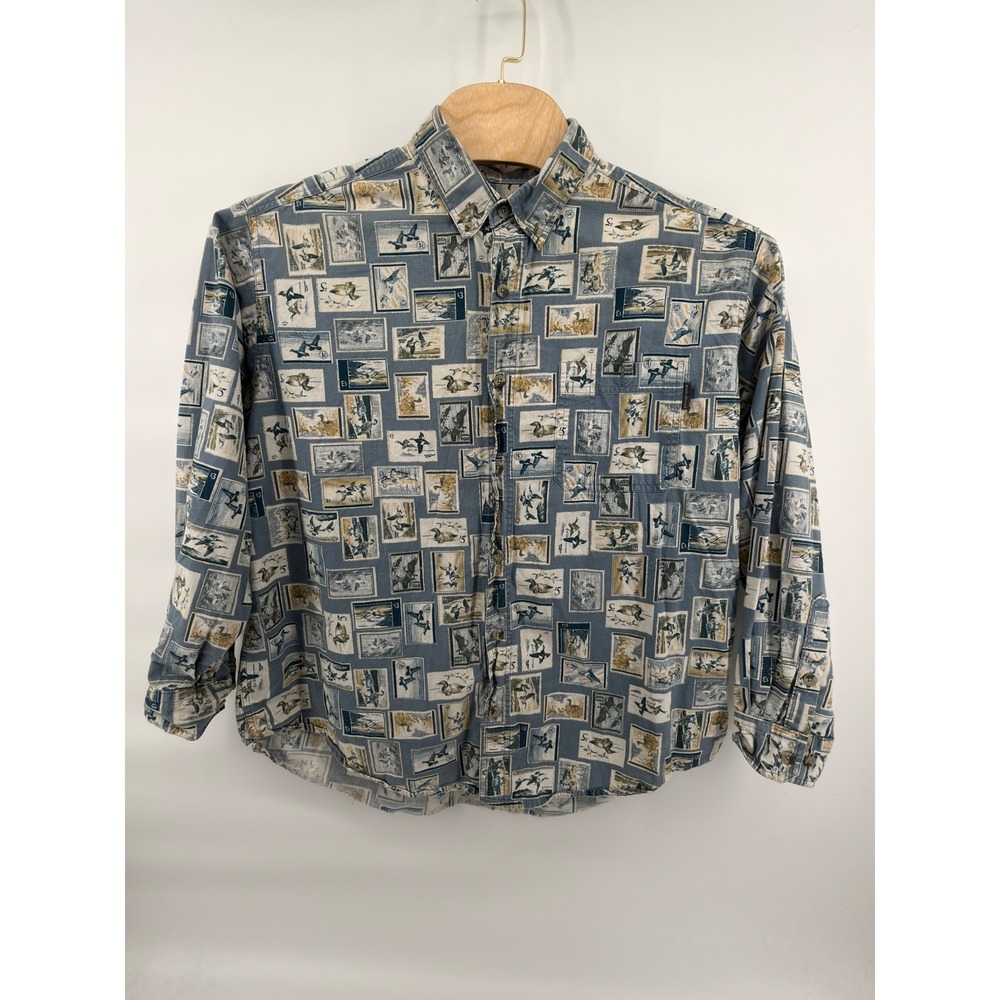 Woolrich Men XL Chambray Duck Stamps Long Sleeve Button Shirt Cotton Vintage